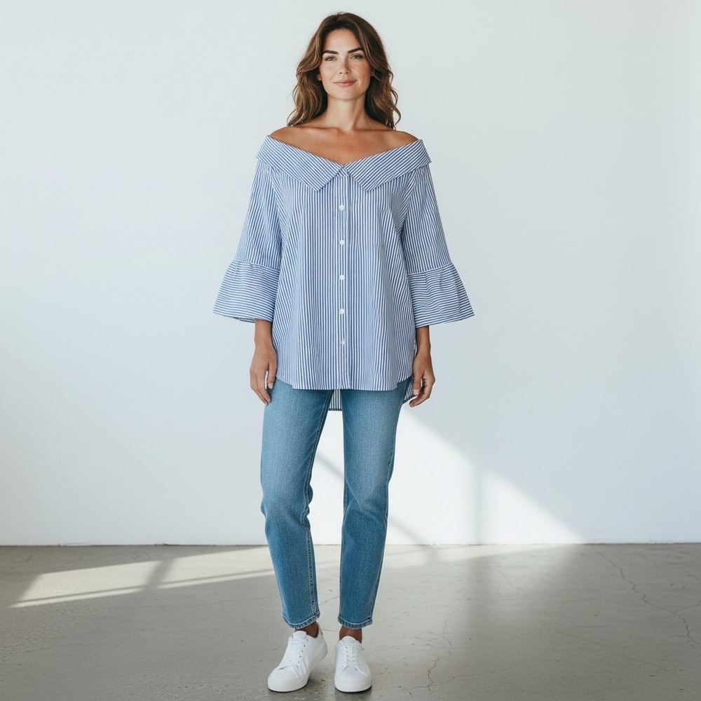 Entro Womens Top Sz Small Blue White Stripe Collar Off Shoulder Bell Sleeve